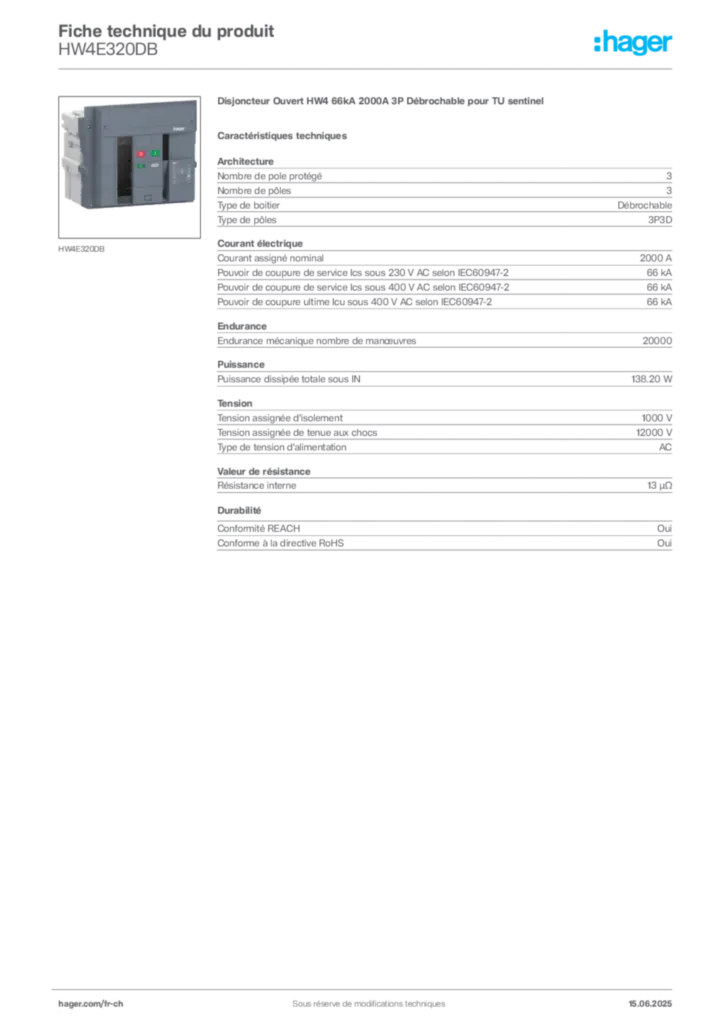 Image Hager Fiche technique du produit HW4E320DB | Hager Suisse
