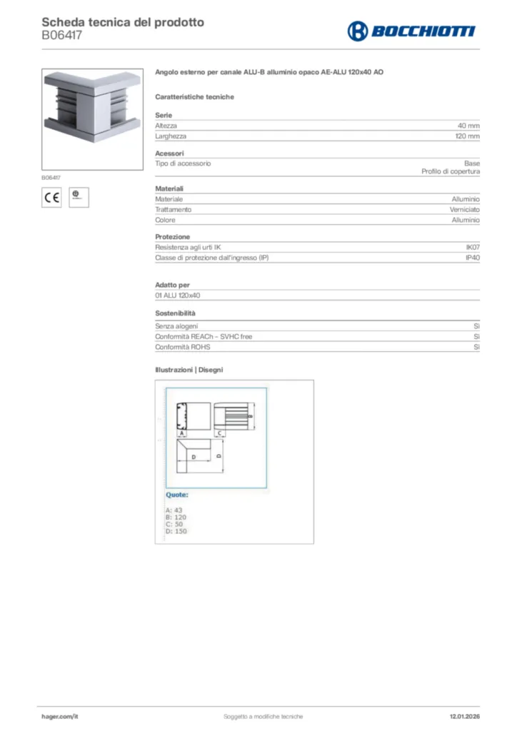 Immagine Bocchiotti Scheda tecnica del prodotto B06417 | Hager Italia