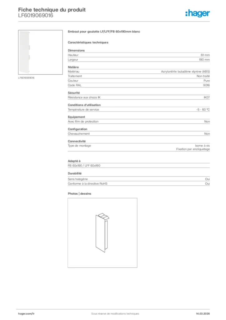 Image Hager Fiche technique du produit LF6019069016 | Hager France