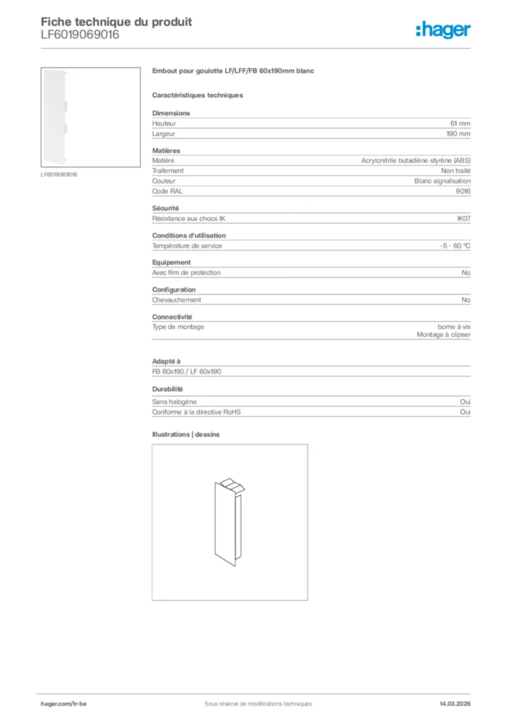Image Hager Fiche technique du produit LF6019069016 | Hager Belgique