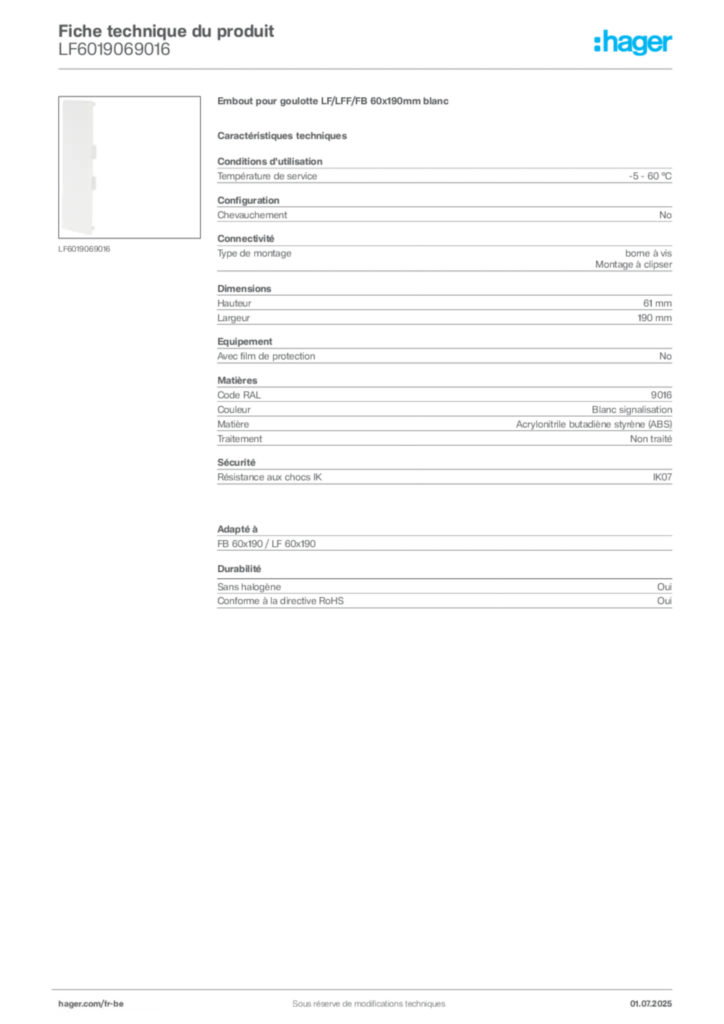 Image Hager Fiche technique du produit LF6019069016 | Hager Belgique