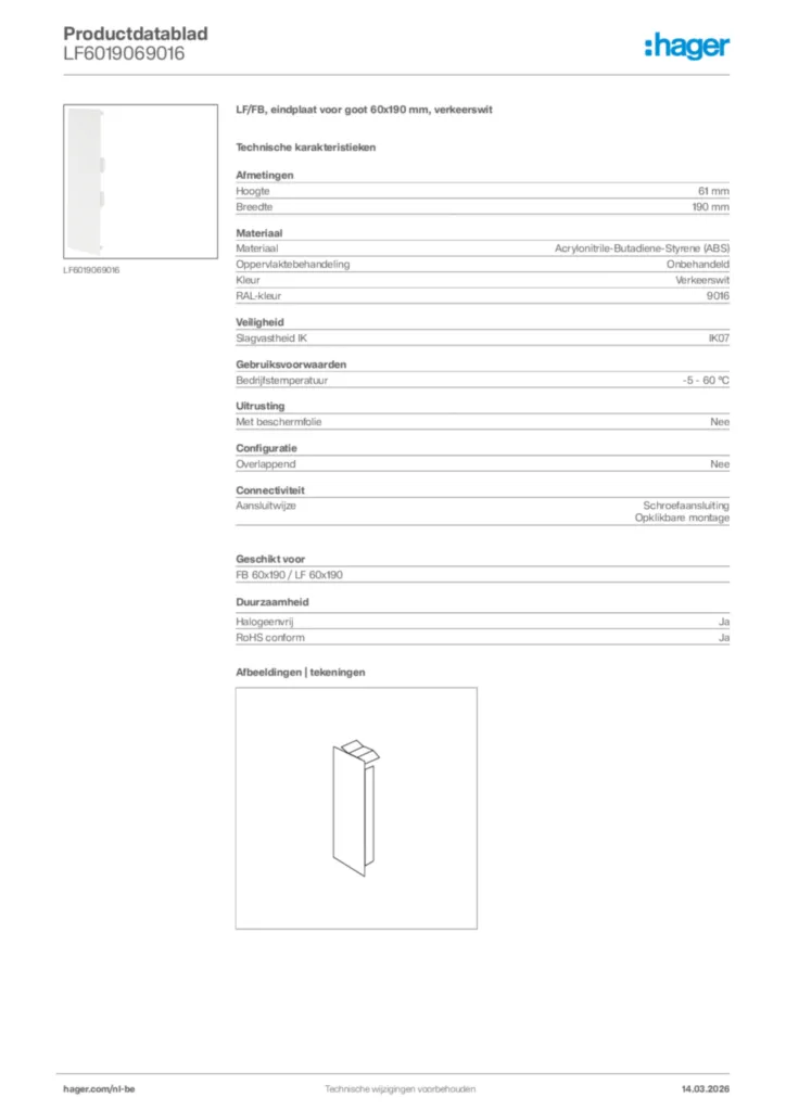 Afbeelding Hager Productdatablad LF6019069016 | Hager Belgium