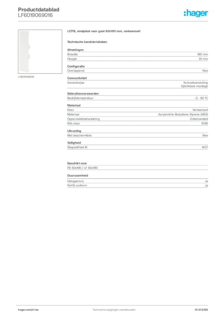 Afbeelding Hager Productdatablad LF6019069016 | Hager Belgium