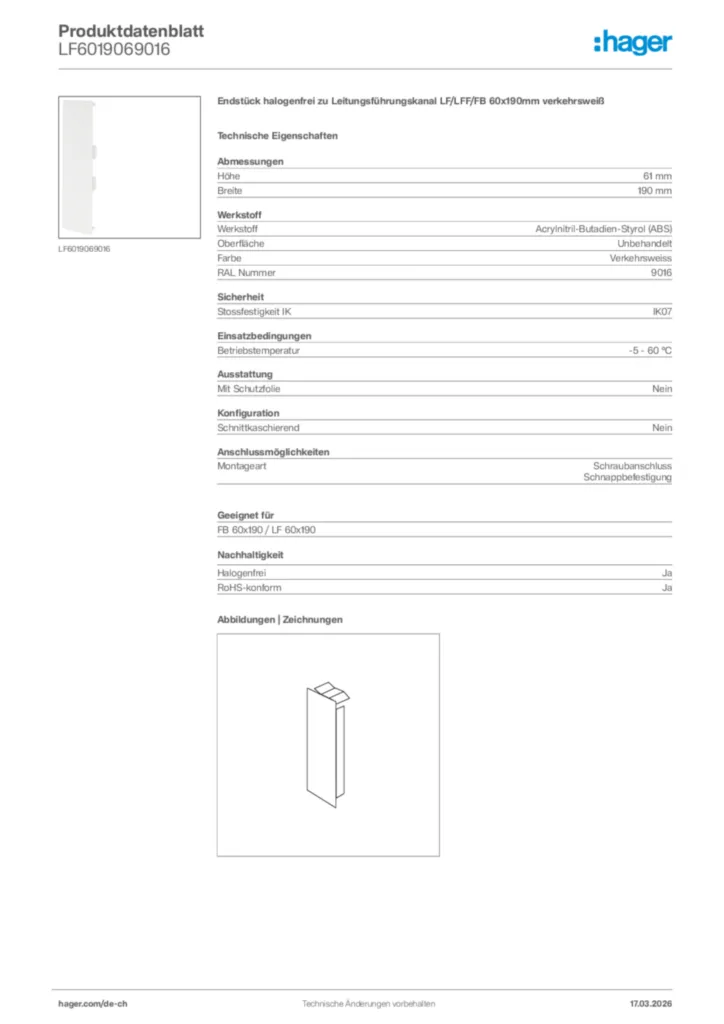 Bild Hager Produktdatenblatt LF6019069016 | Hager Schweiz