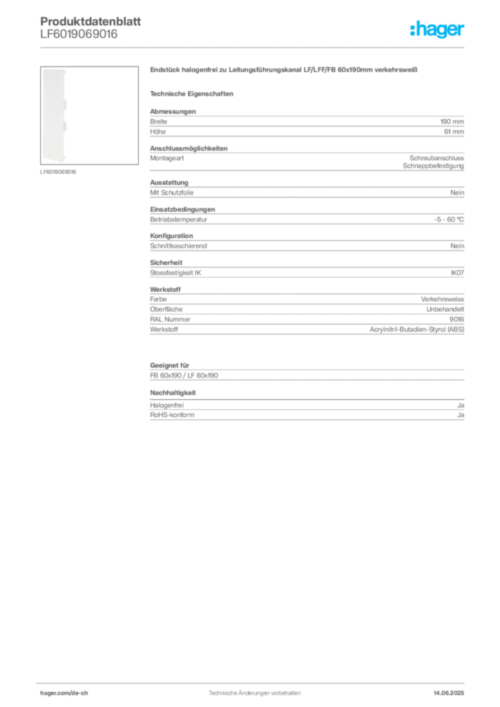 Bild Hager Produktdatenblatt LF6019069016 | Hager Schweiz