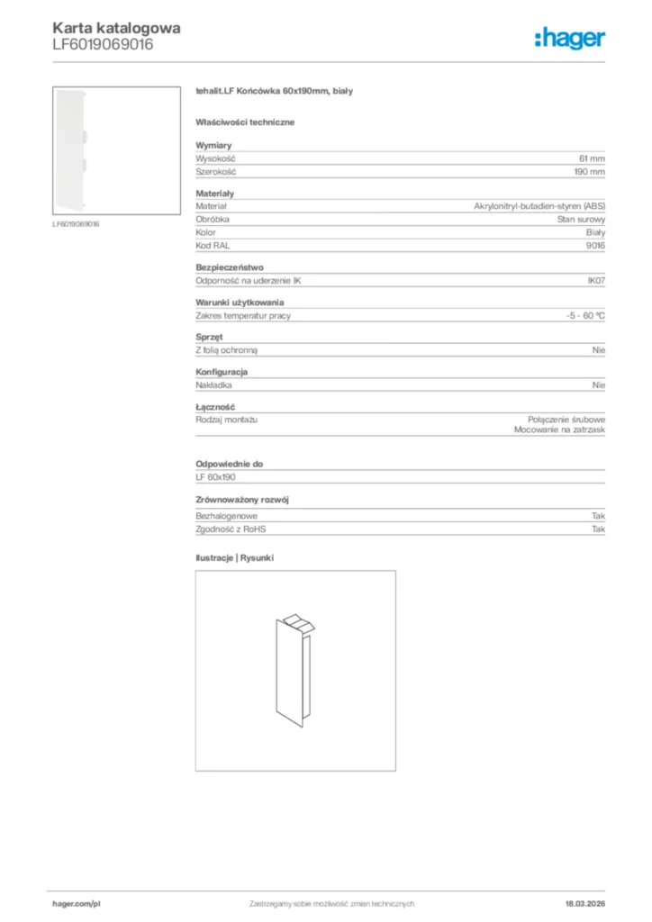 Zdjęcie Hager Karta katalogowa LF6019069016 | Hager Polska