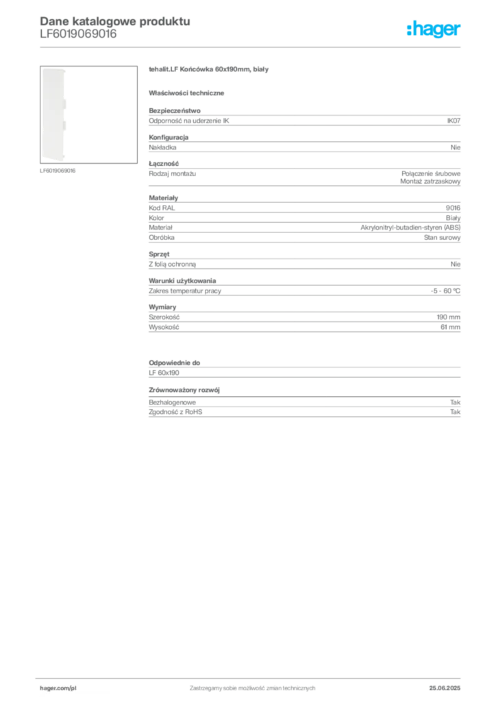 Zdjęcie Hager Dane katalogowe produktu LF6019069016 | Hager Polska