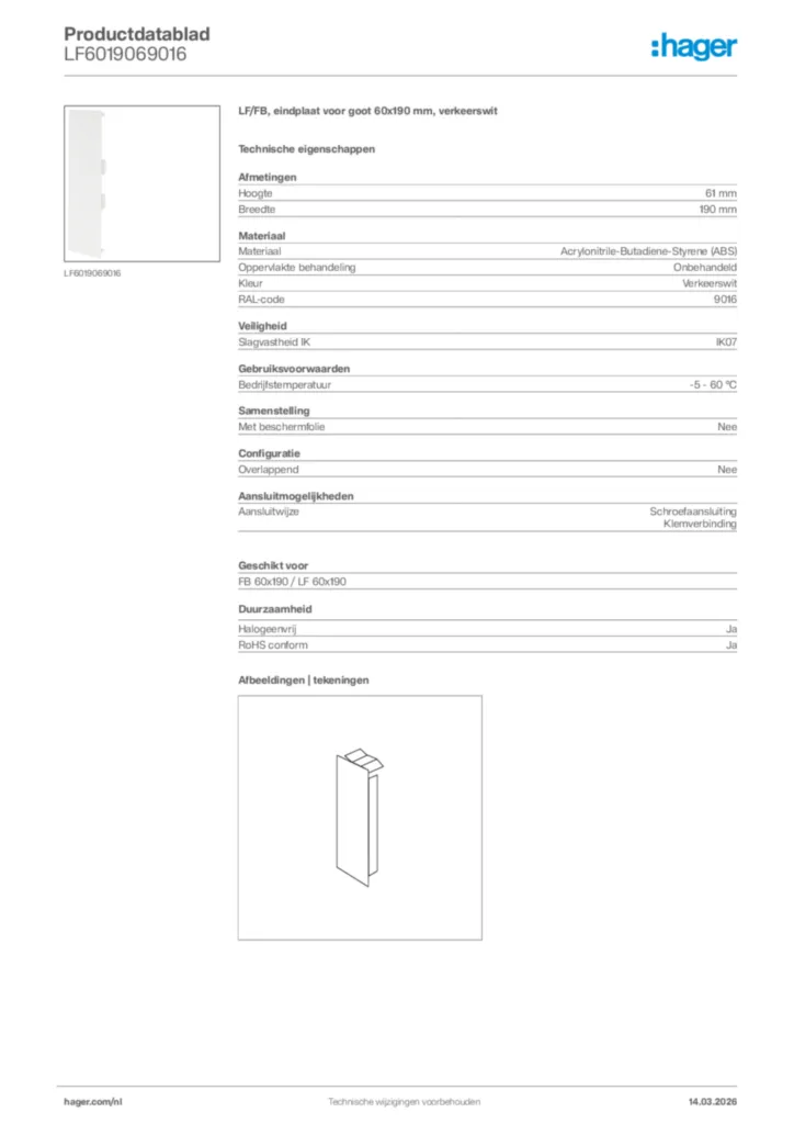 Afbeelding Hager Productdatablad LF6019069016 | Hager Nederland