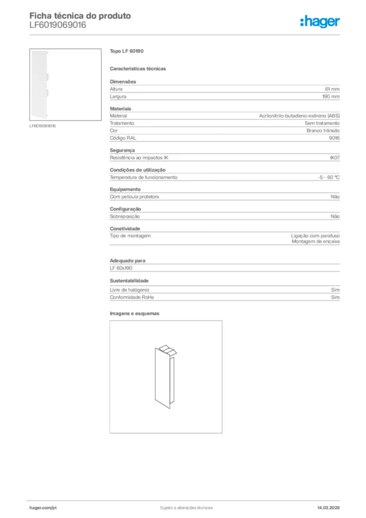 Imagem Hager Ficha técnica do produto LF6019069016 | Hager Portugal