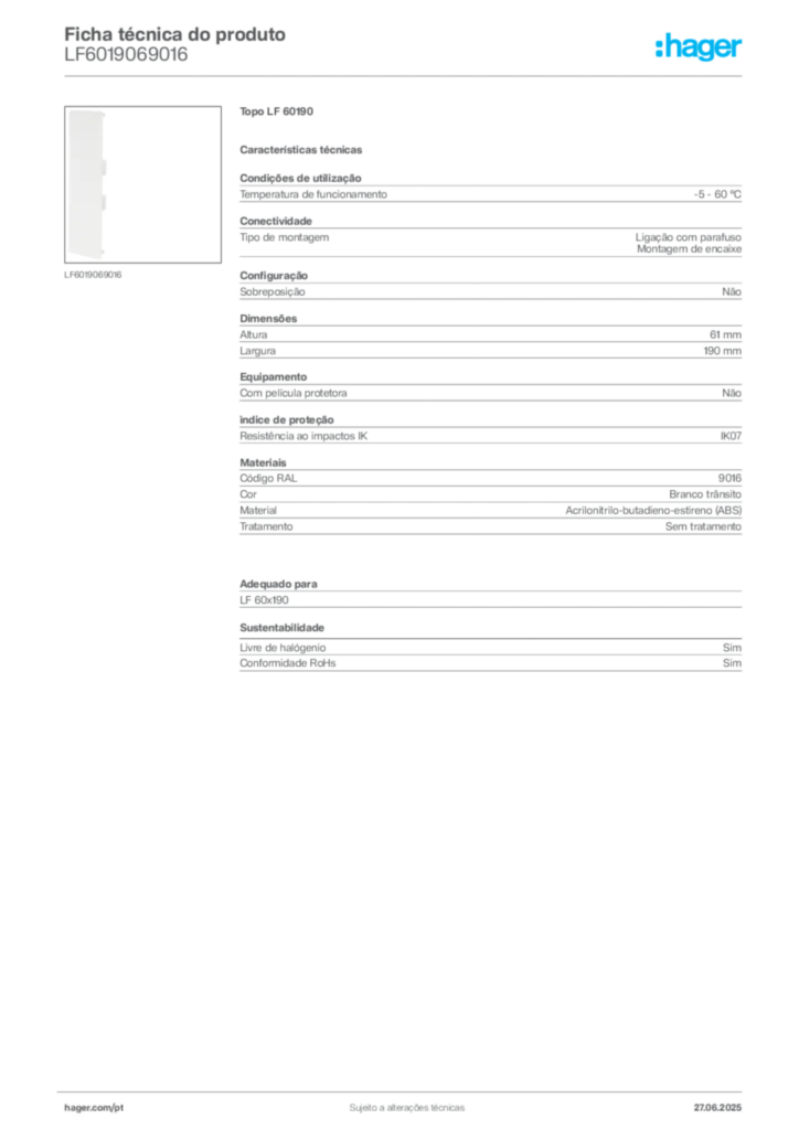 Imagem Hager Ficha técnica do produto LF6019069016 | Hager Portugal
