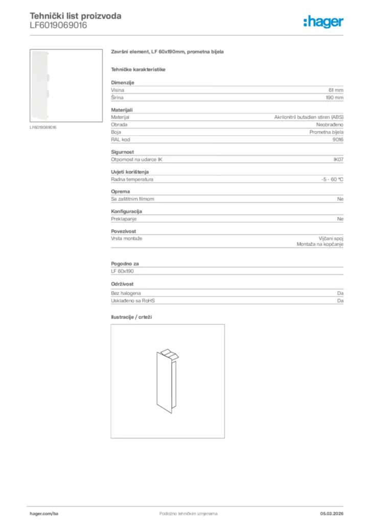 Slika Hager Tehnički list proizvoda LF6019069016  | Hager