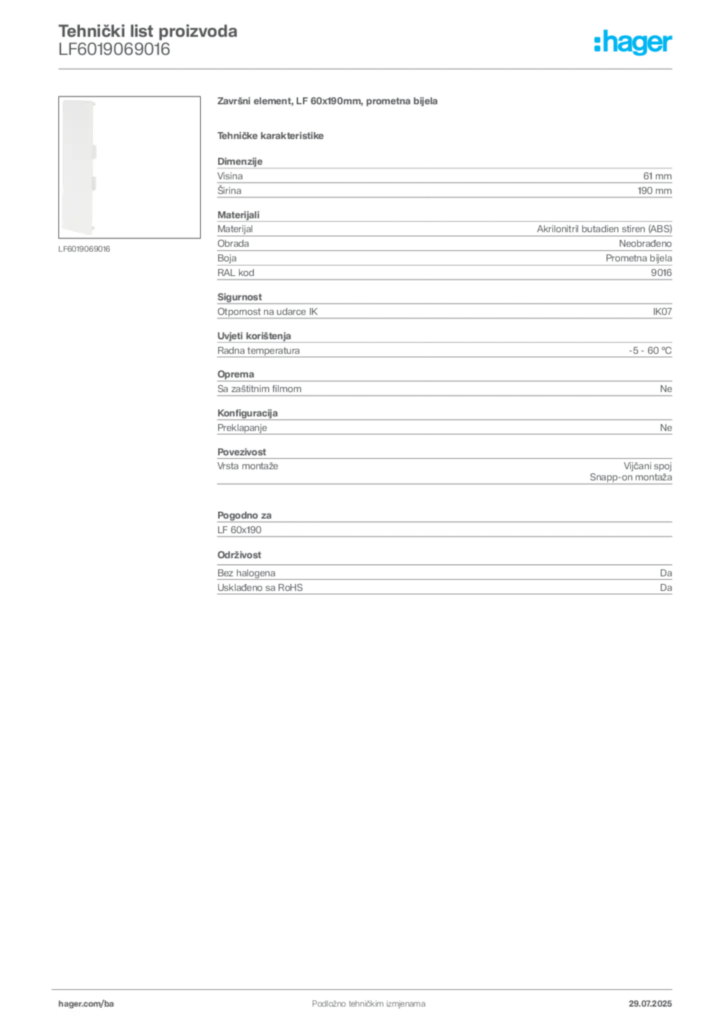 Slika Hager Product data sheet LF6019069016  | Hager