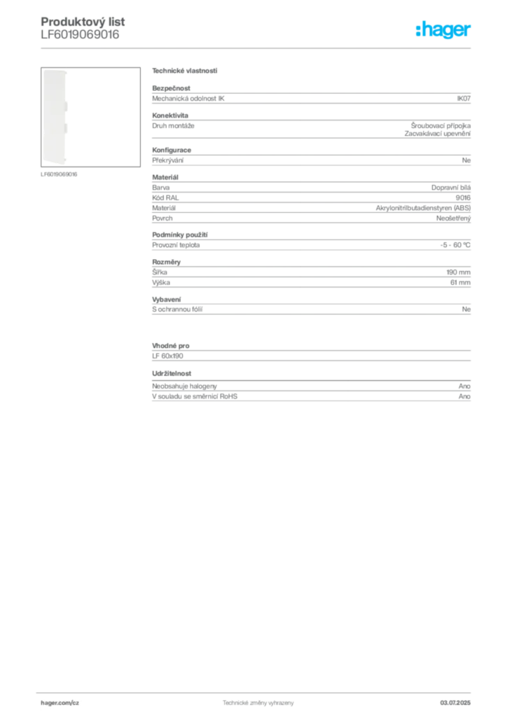 Obrázek Hager Produktový list LF6019069016 | Hager