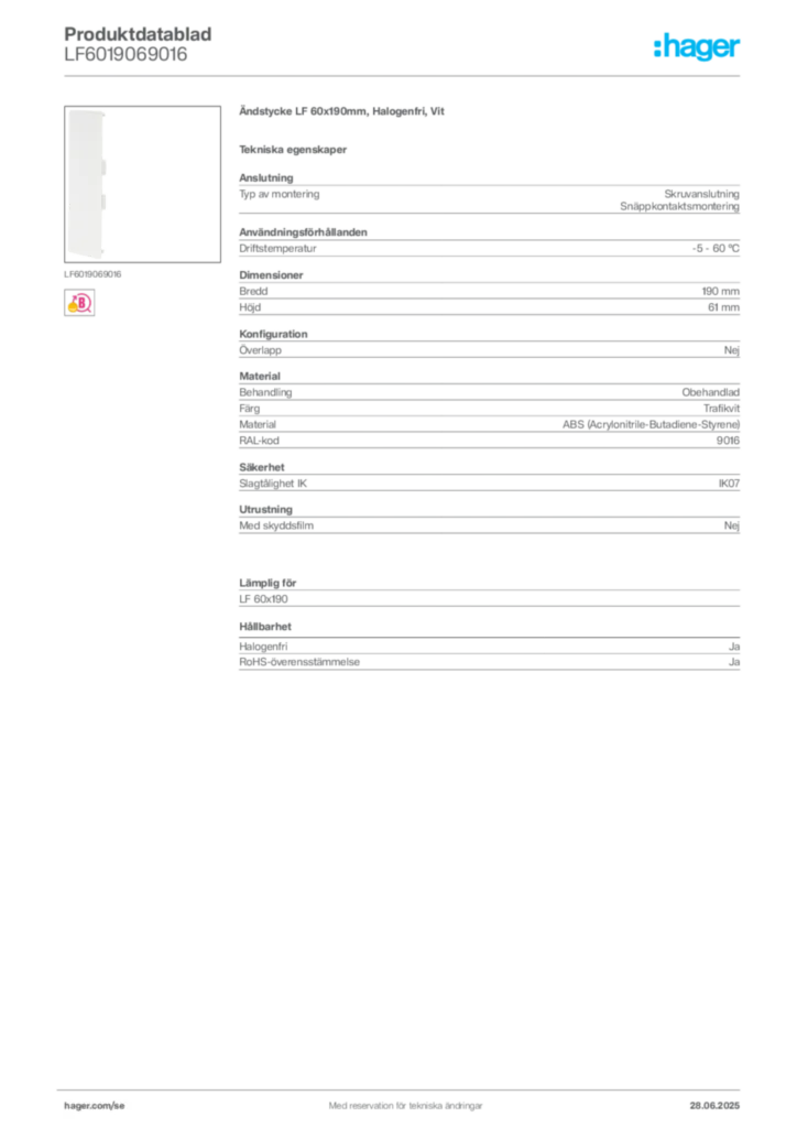 Bild Hager Produktdatablad LF6019069016 | Hager Sverige