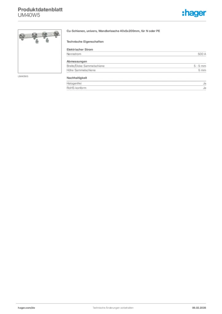 Bild Hager Produktdatenblatt UM40W5 | Hager Deutschland