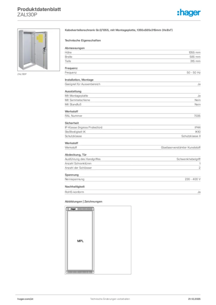 Bild Hager Produktdatenblatt ZAL130P | Hager Deutschland