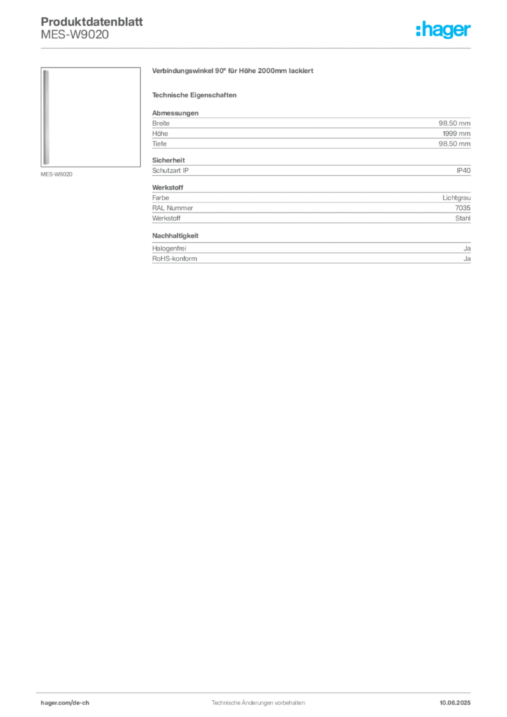 Bild Hager Produktdatenblatt MES-W9020 | Hager Schweiz