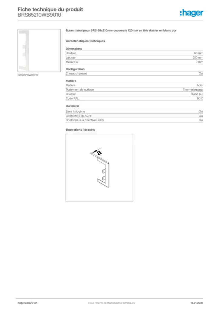 Image Hager Fiche technique du produit BRS65210WB9010 | Hager Suisse