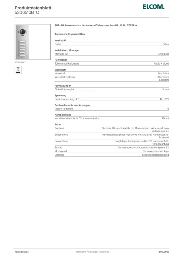 Bild Elcom Produktdatenblatt 5306510BTC | Hager Deutschland