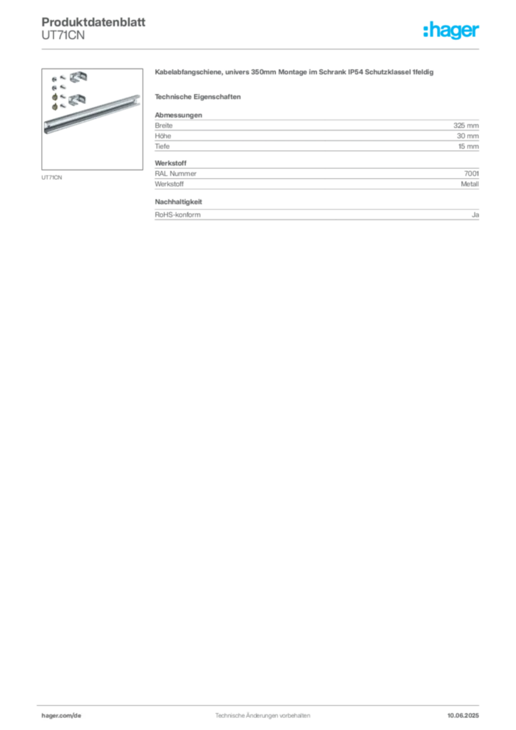 Bild Hager Produktdatenblatt UT71CN | Hager Deutschland