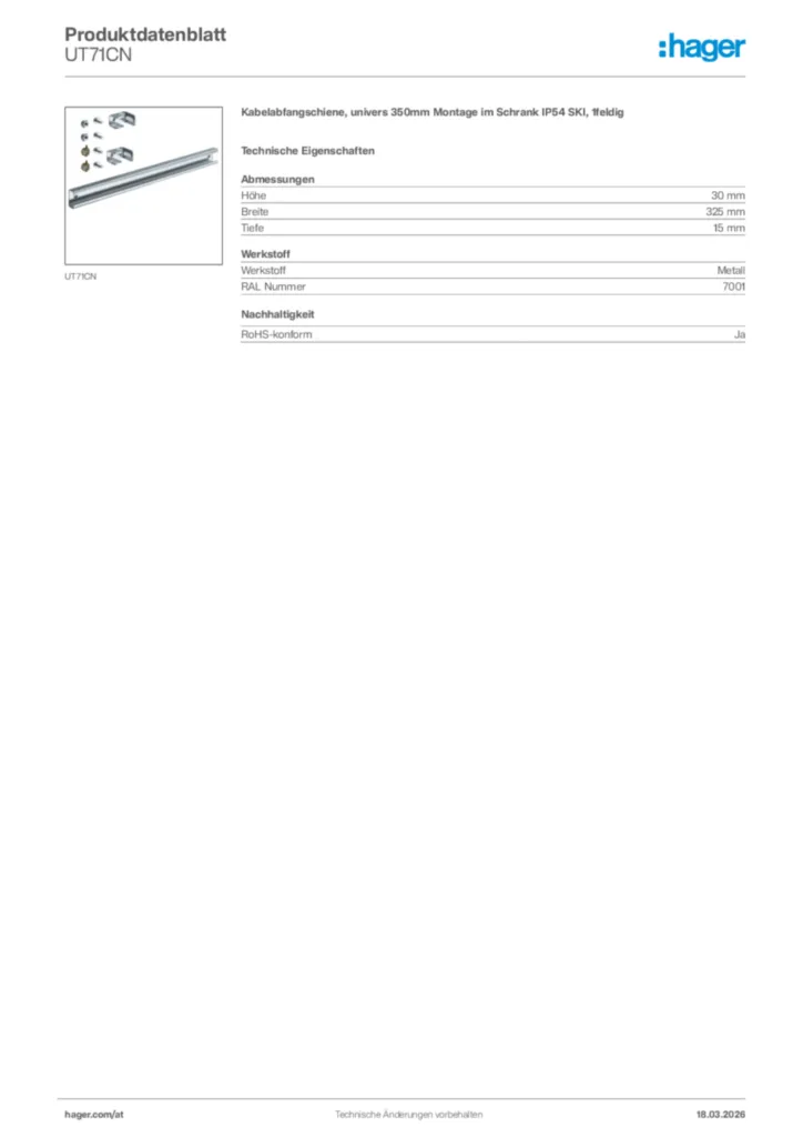 Bild Hager Produktdatenblatt UT71CN | Hager Deutschland