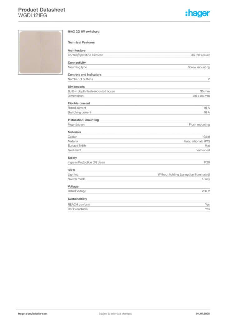 Image Hager Product data sheet WGDL121EG  | Hager