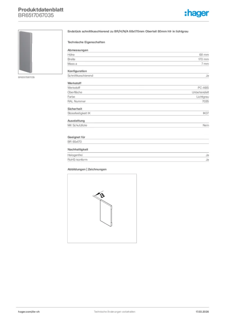 Bild Hager Produktdatenblatt BR6517067035 | Hager Schweiz