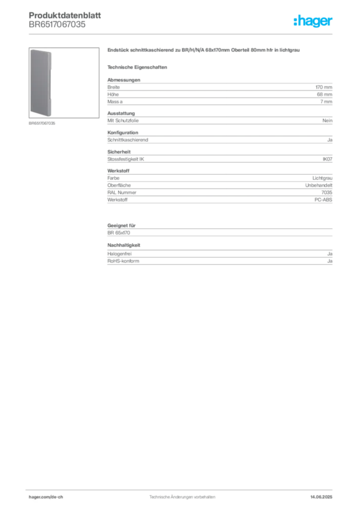 Bild Hager Produktdatenblatt BR6517067035 | Hager Schweiz