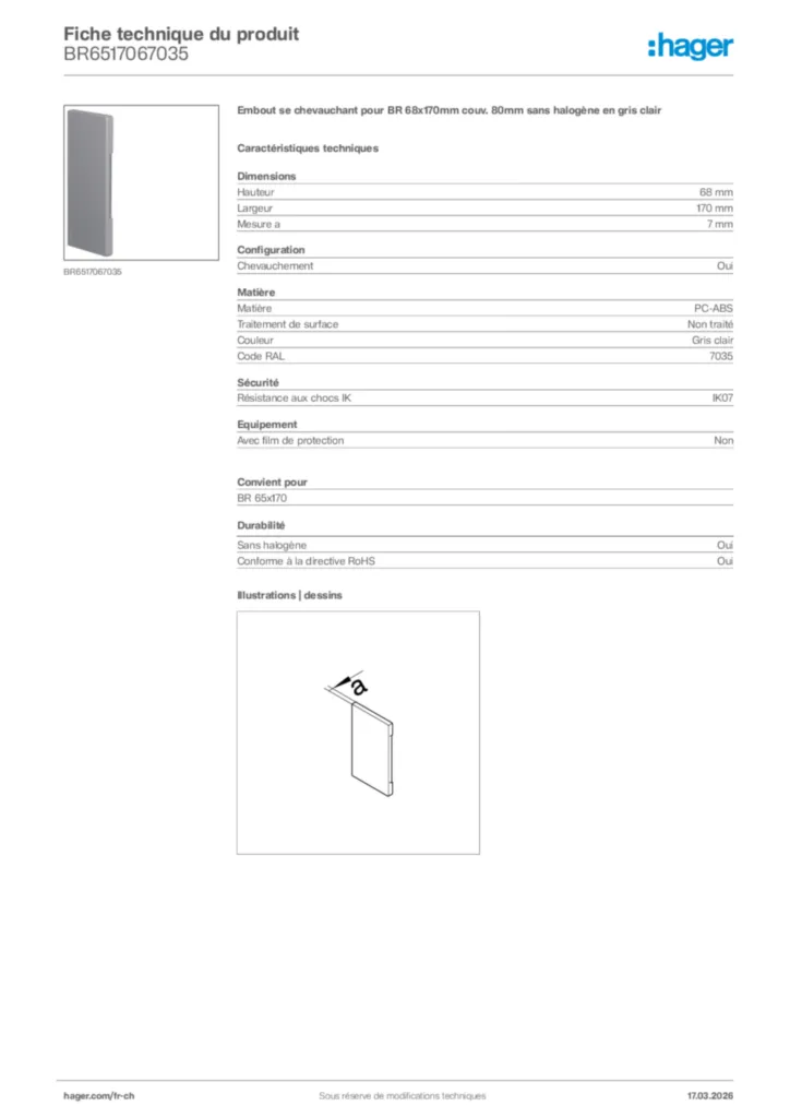 Image Hager Fiche technique du produit BR6517067035 | Hager Suisse