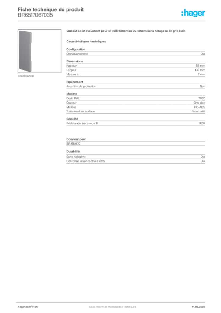 Image Hager Fiche technique du produit BR6517067035 | Hager Suisse