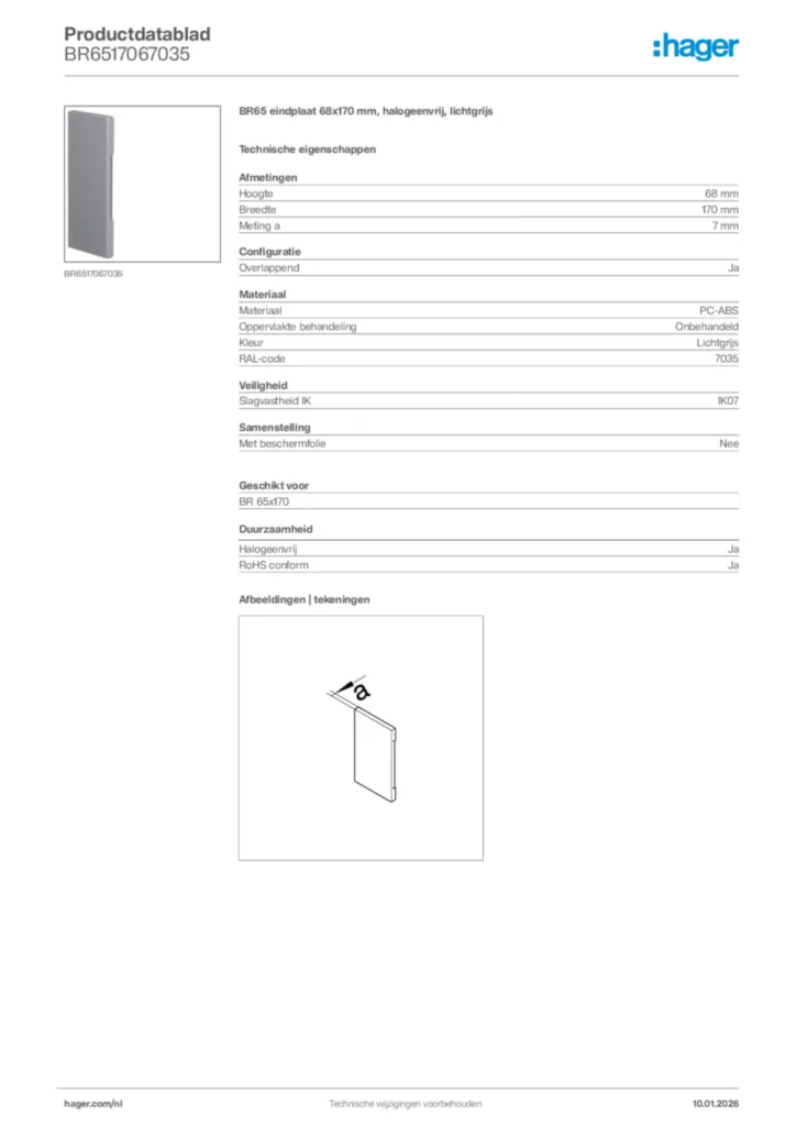 Afbeelding Hager Productdatablad BR6517067035 | Hager Nederland