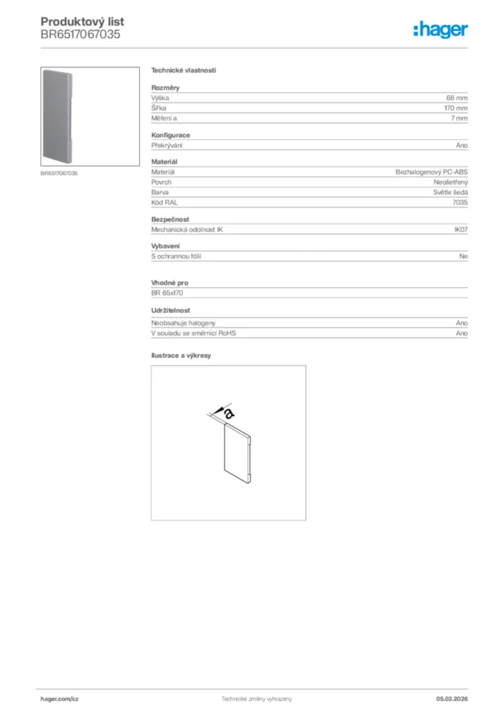 Obrázek Hager Product data sheet BR6517067035 | Hager