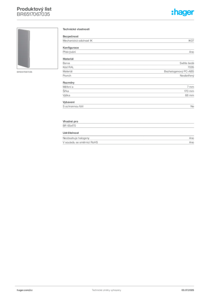Obrázek Hager Produktový list BR6517067035 | Hager