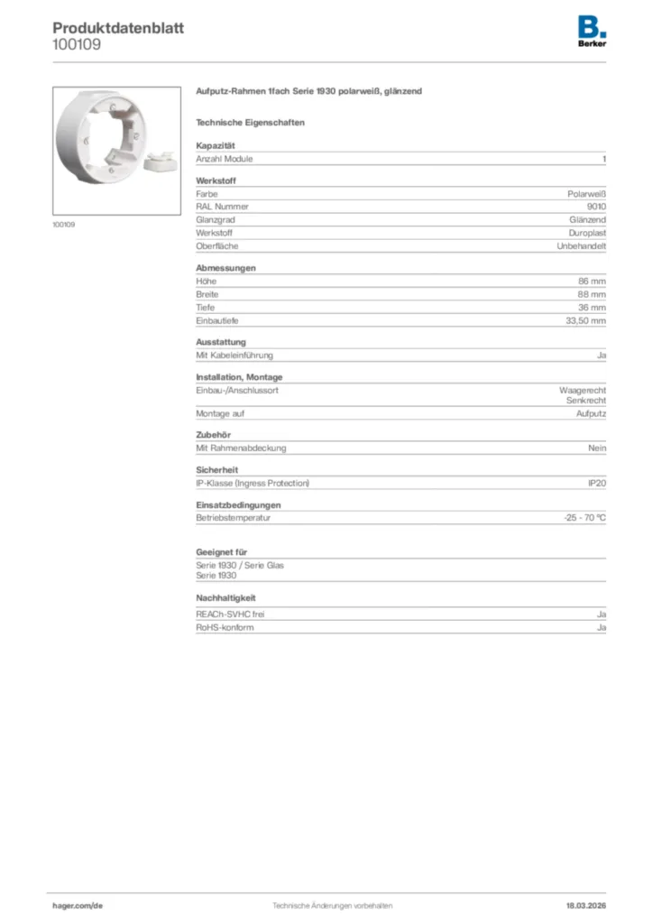 Bild Berker Produktdatenblatt 100109 | Hager Deutschland