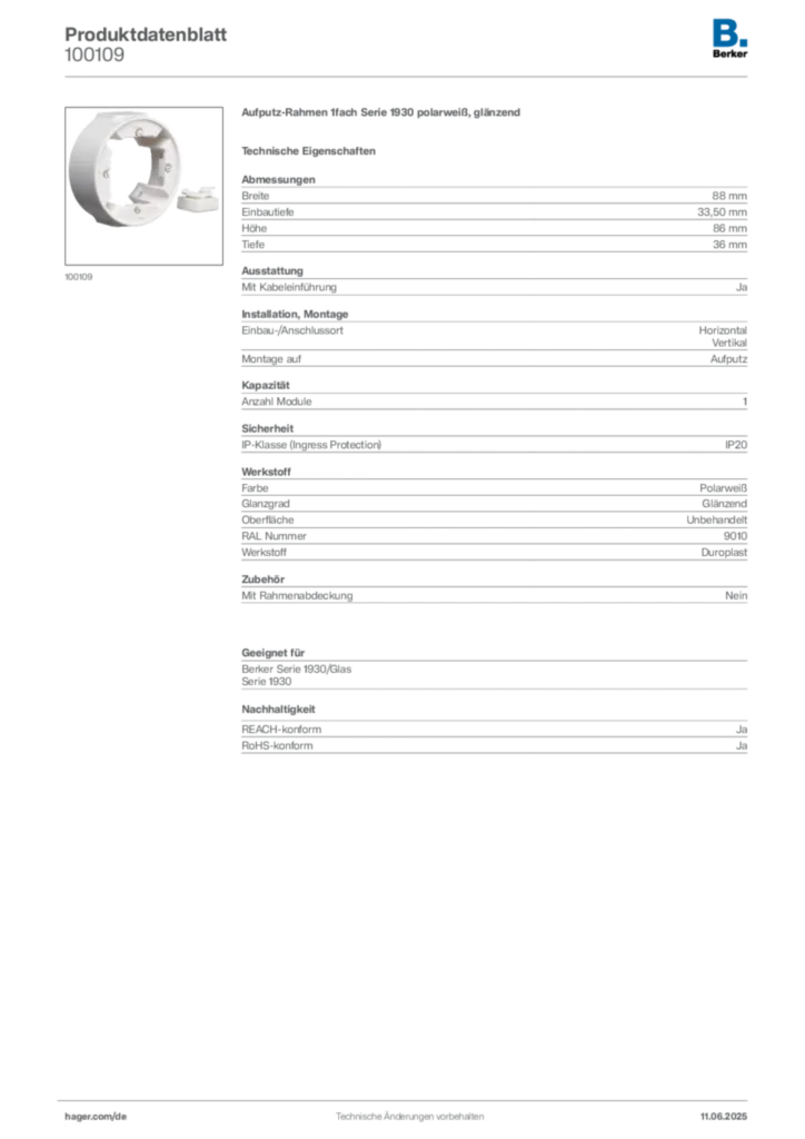 Bild Berker Produktdatenblatt 100109 | Hager Deutschland
