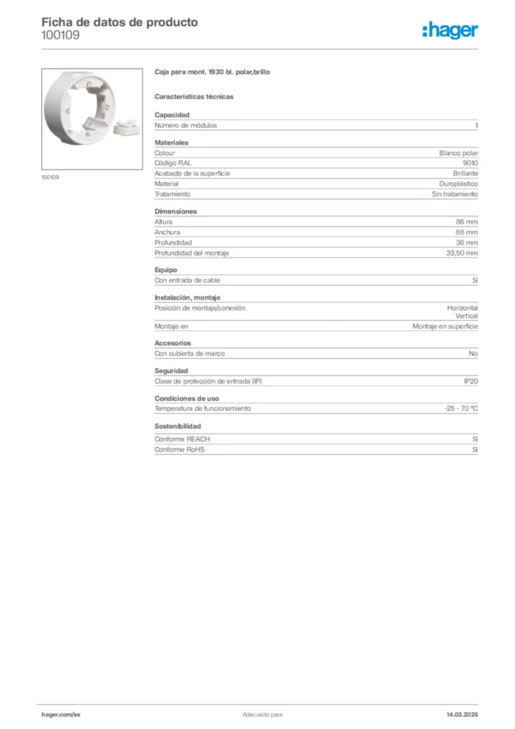 Imagen Hager Ficha de datos de producto 100109 | Hager España