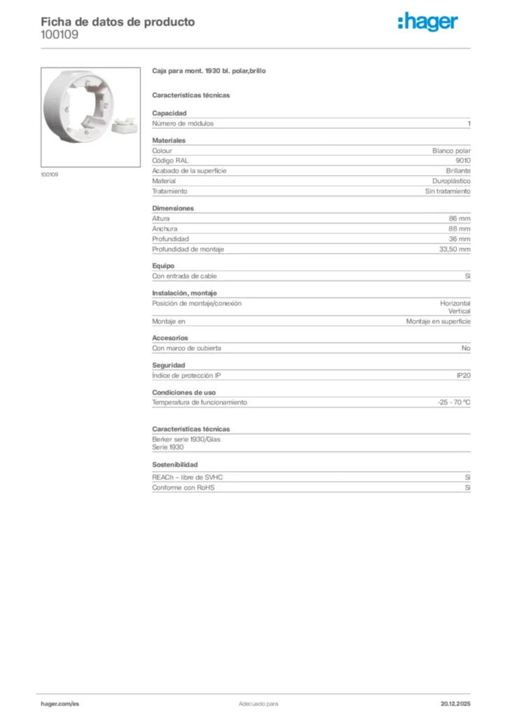Imagen Hager Ficha de datos de producto 100109 | Hager España