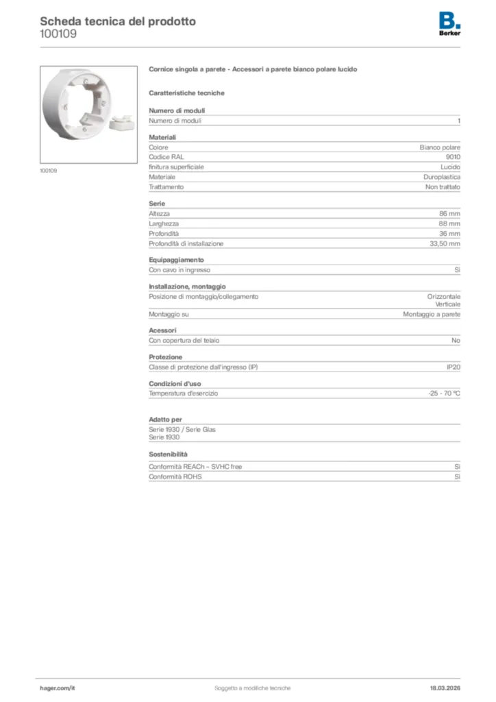 Immagine Berker Scheda tecnica del prodotto 100109 | Hager Italia