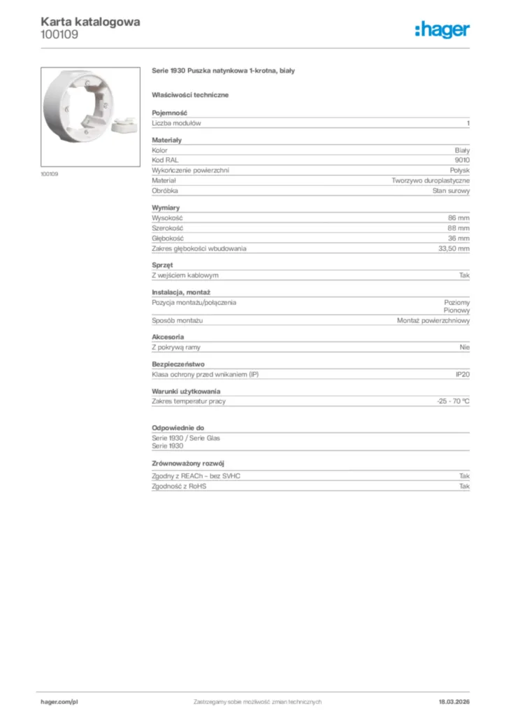 Zdjęcie Hager Karta katalogowa 100109 | Hager Polska