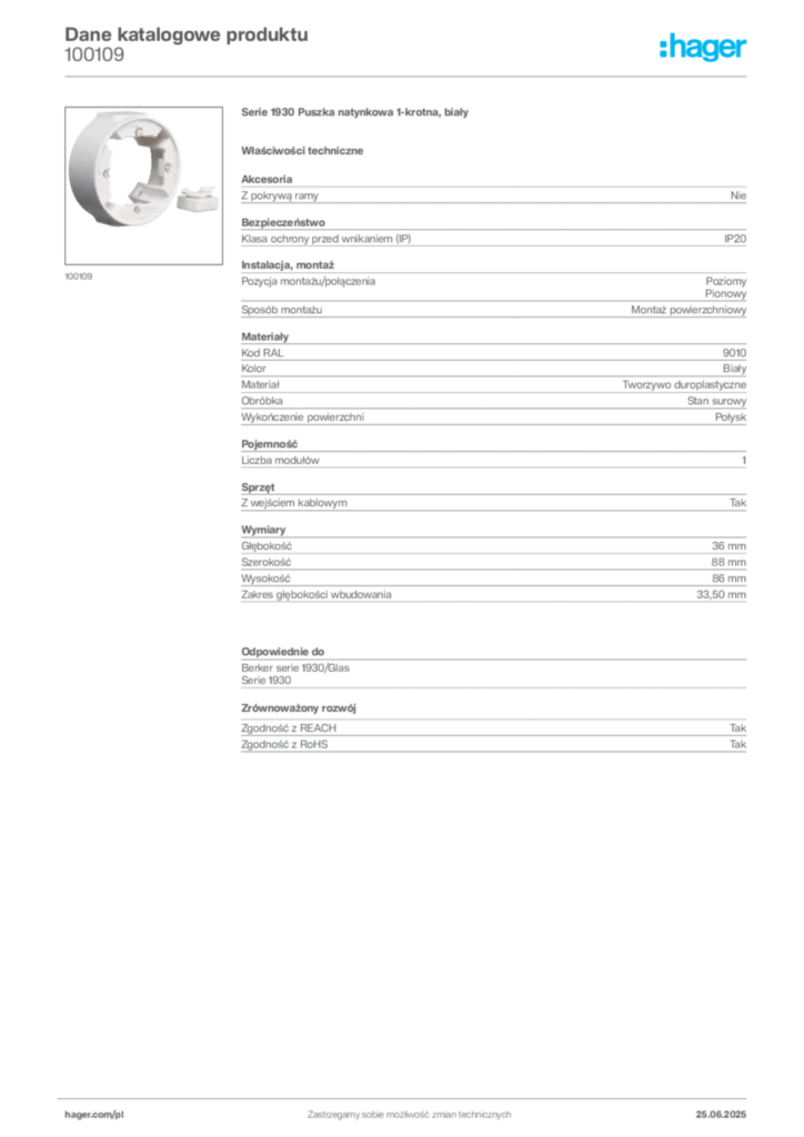 Zdjęcie Hager Dane katalogowe produktu 100109 | Hager Polska