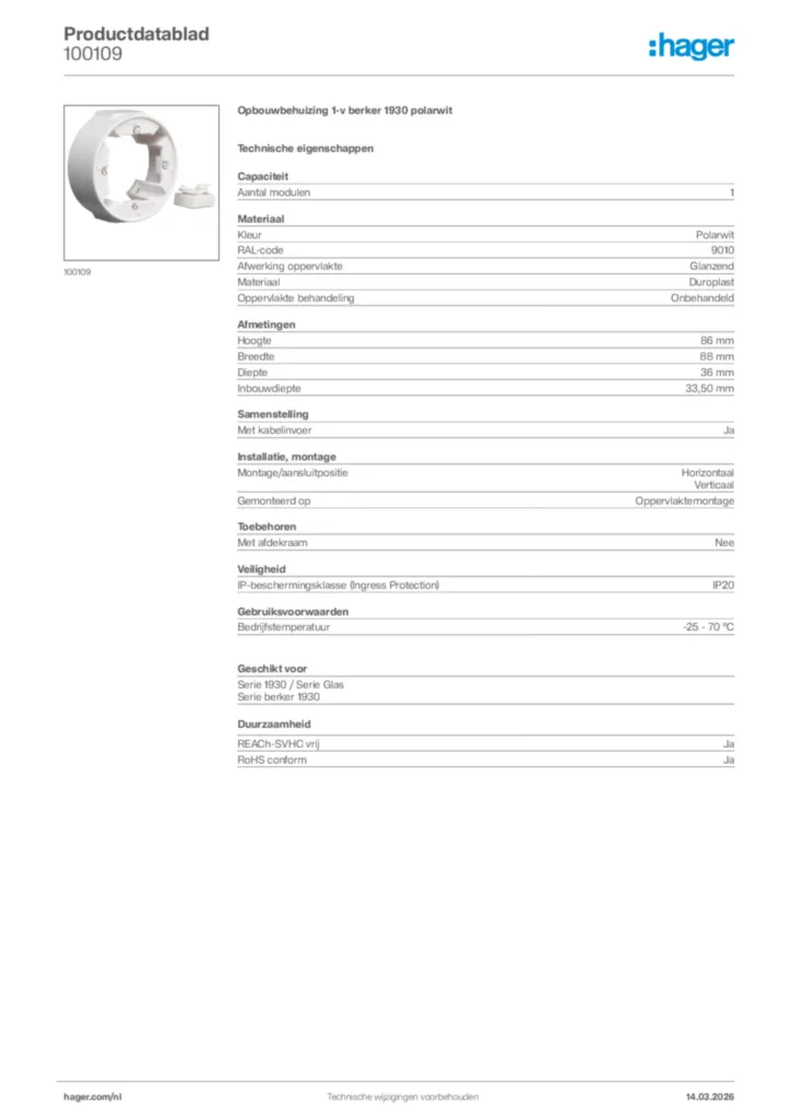Afbeelding Hager Productdatablad 100109 | Hager Nederland