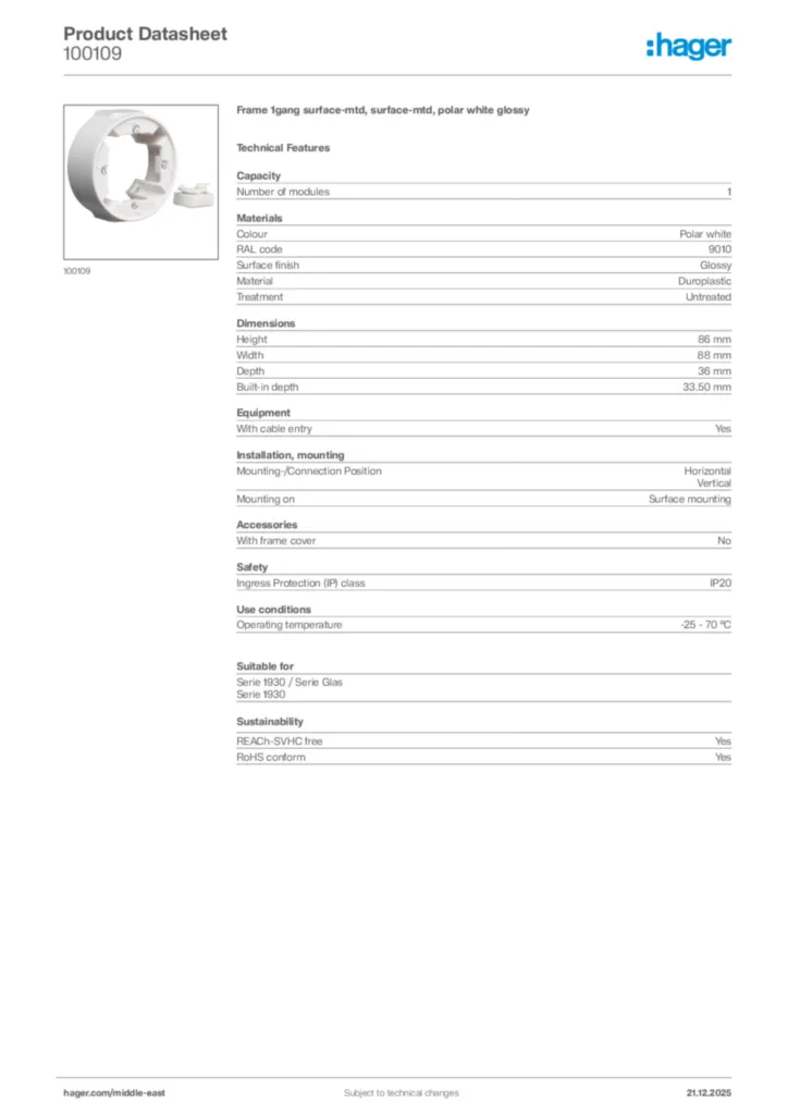 Image Hager Product data sheet 100109  | Hager