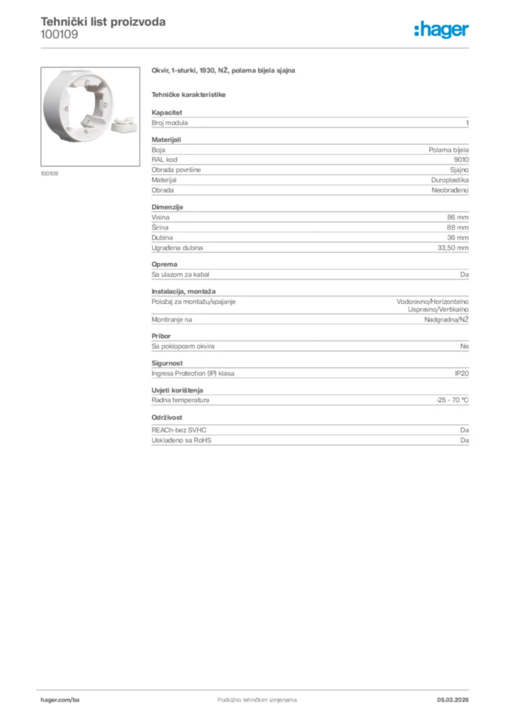 Slika Hager Tehnički list proizvoda 100109  | Hager