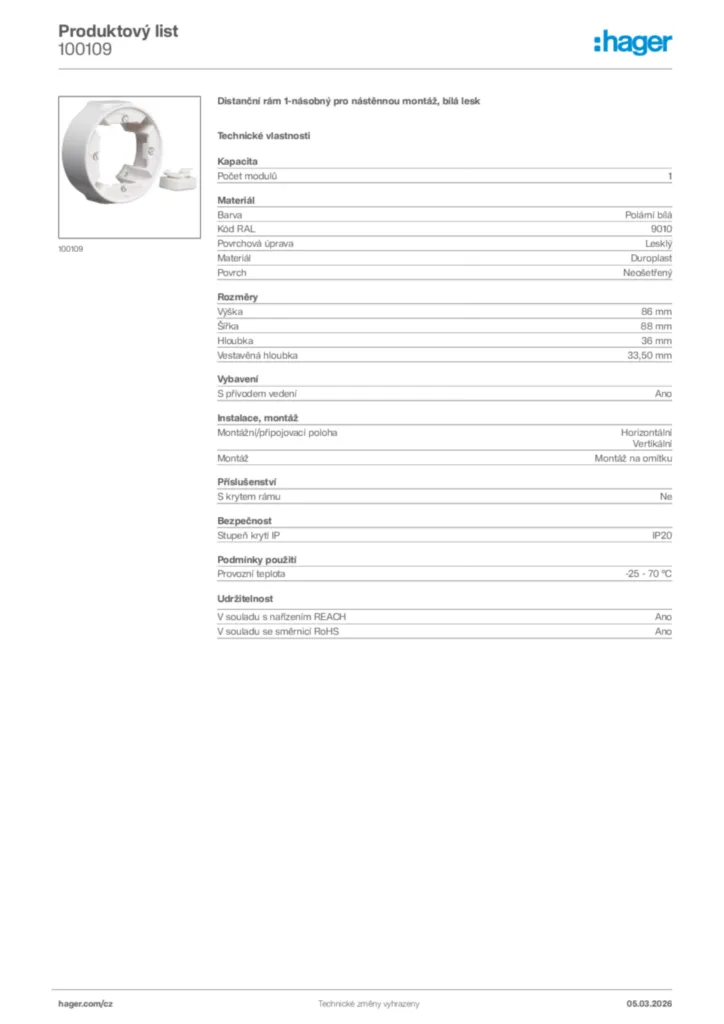 Obrázek Hager Product data sheet 100109 | Hager