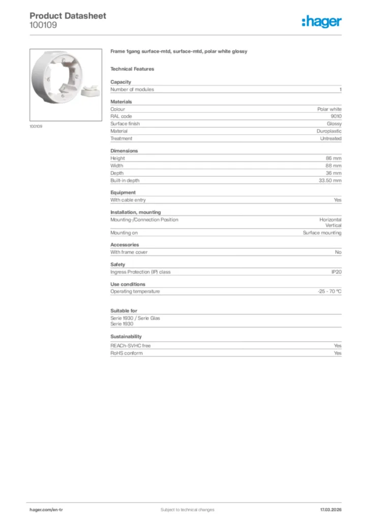 Image Hager Product data sheet 100109  | Hager