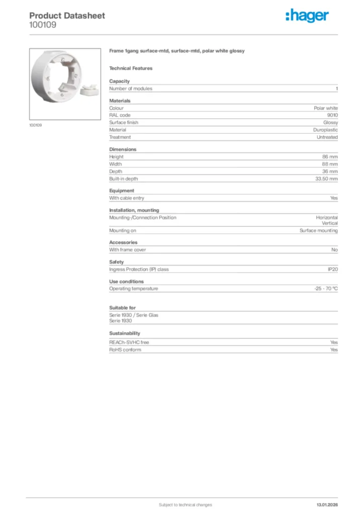 Image Hager Product data sheet 100109  | Hager