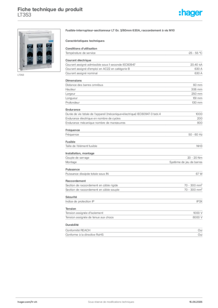 Image Hager Fiche technique du produit LT353 | Hager Suisse