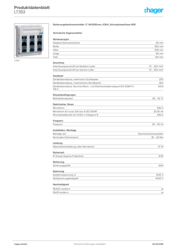 Bild Hager Produktdatenblatt LT353 | Hager Deutschland