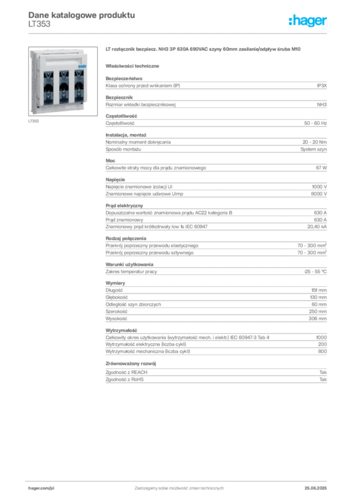 Zdjęcie Hager Dane katalogowe produktu LT353 | Hager Polska