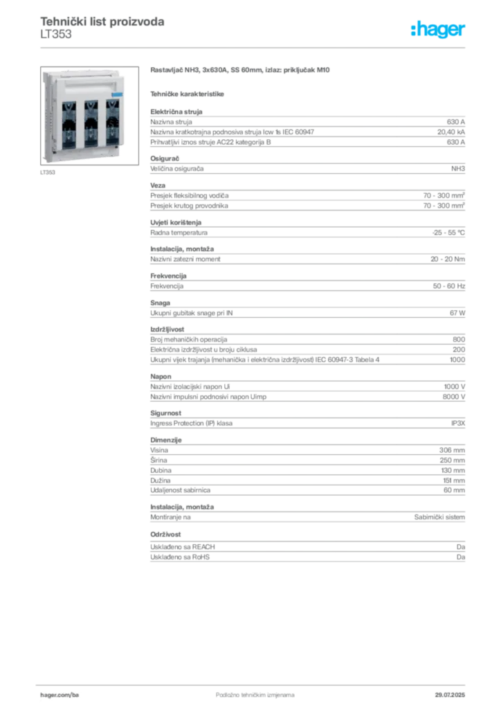 Slika Hager Product data sheet LT353  | Hager